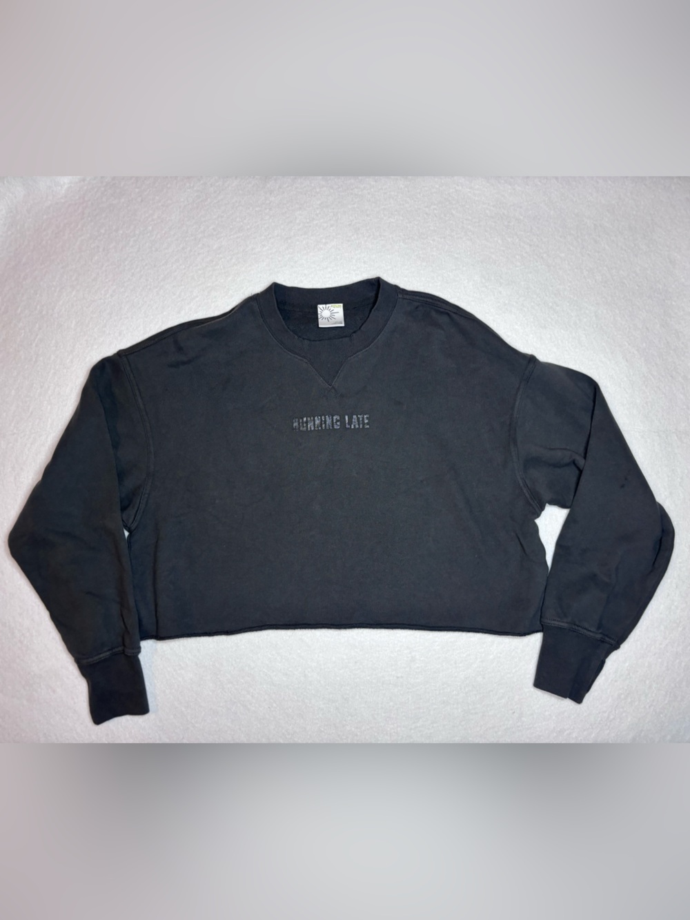 Offline by aerie Cropped Black Crewneck Sweatshirt with “Running late” text XS